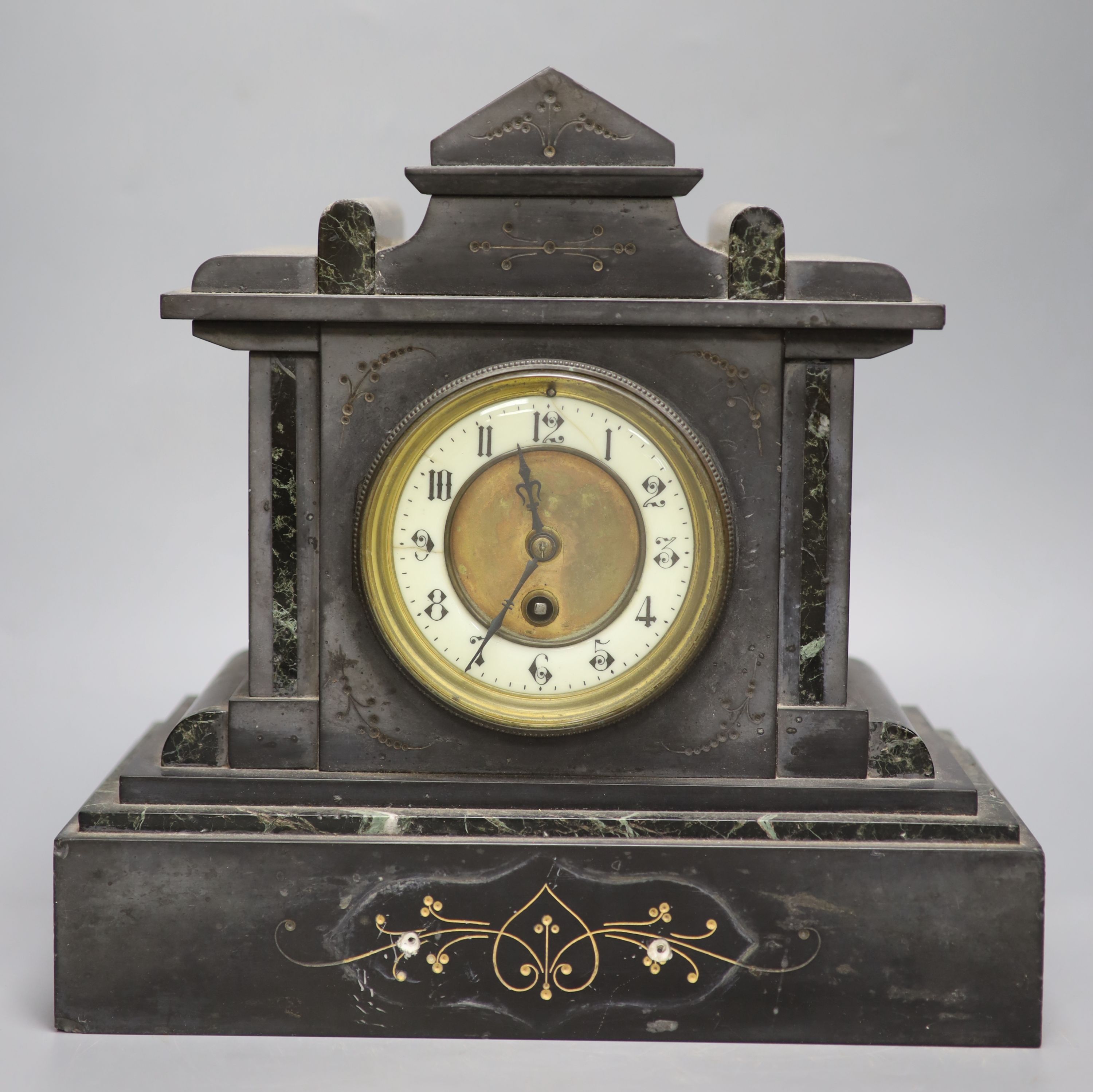 A Victorian black slate mantel clock, height 30cm